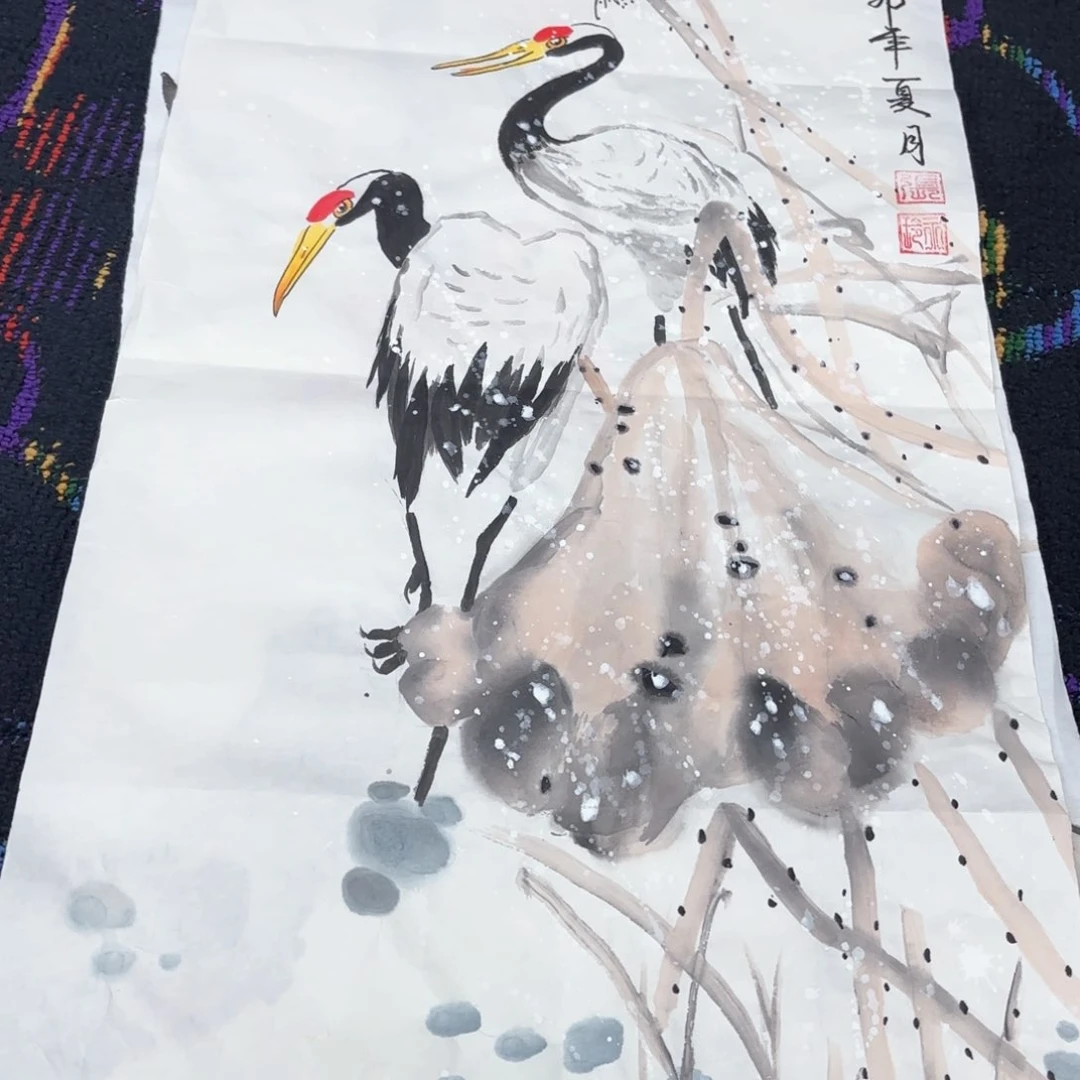 国画张永玲四尺四开花鸟朱