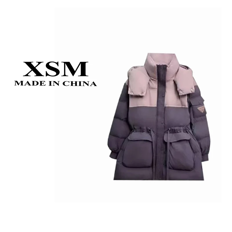 【假一赔三】2025新款女装羽绒服拼色中长款收腰显瘦连帽L22-5AJ