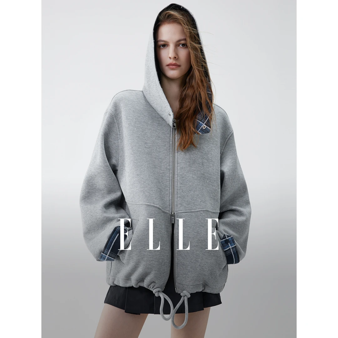 ELLE格纹拼接连帽卫衣外套女2025秋季新款设计感休闲EF51788