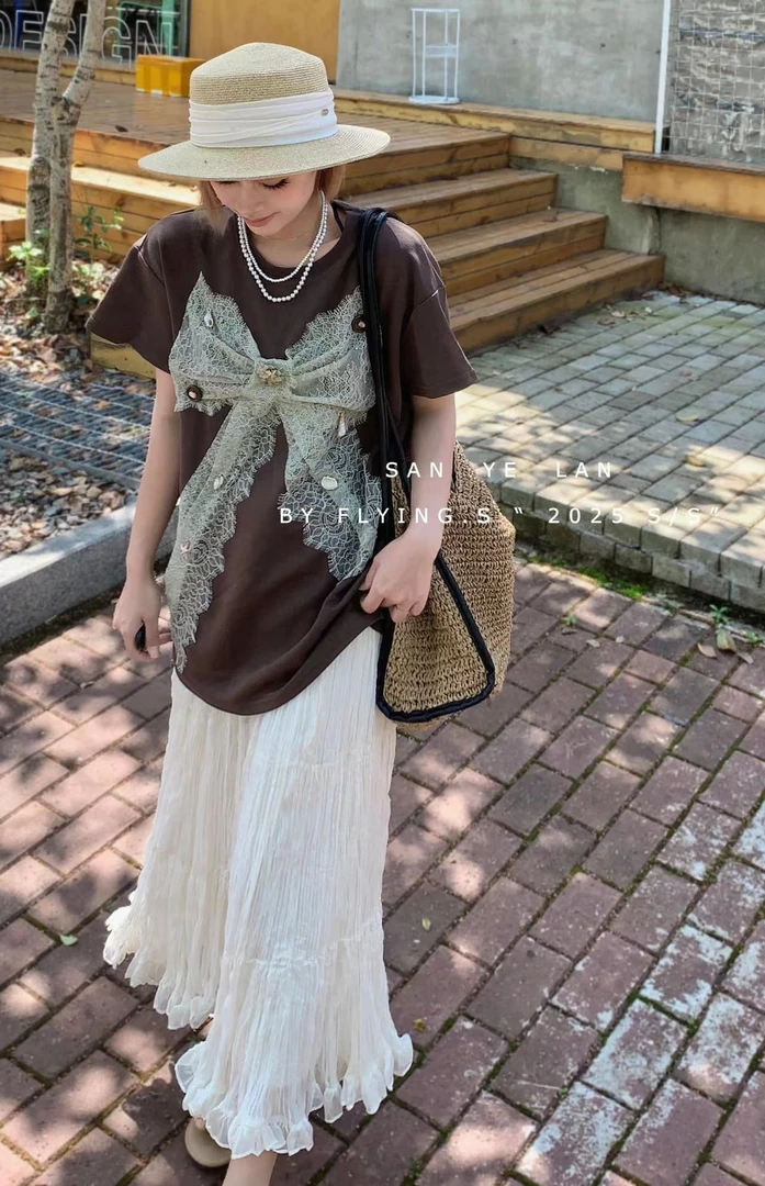 SYL2025夏季新款休闲百搭蝴蝶结大版T恤9136