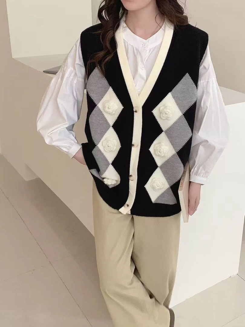 香家【英伦山茶花】欧货正版款字母针织马甲女韩版宽松无袖叠穿时尚