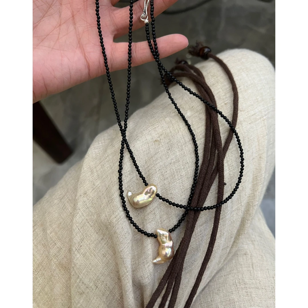 JUNMU牛角包暗黑甜酷风~珍珠吊坠项链女小众高级感锁骨链颈链