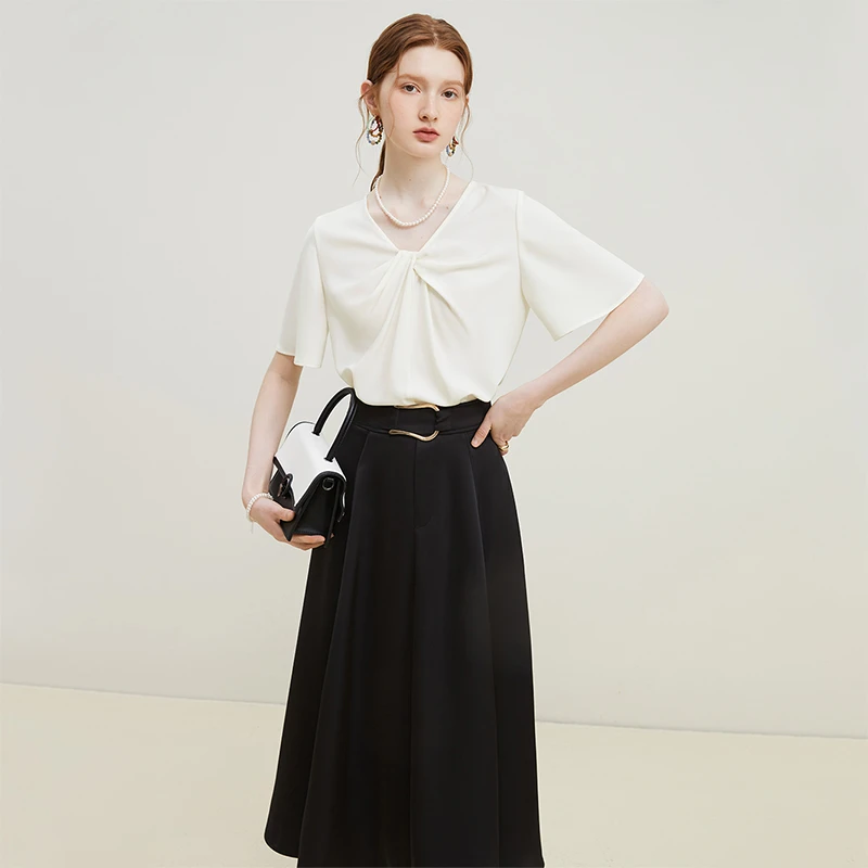 范思蓝恩衬衫女白扭结上衣衬衣23FS12723