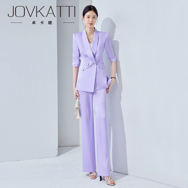 2025夏季薄款新款浅紫色时尚修身高级短袖西装外套套装女职业通勤