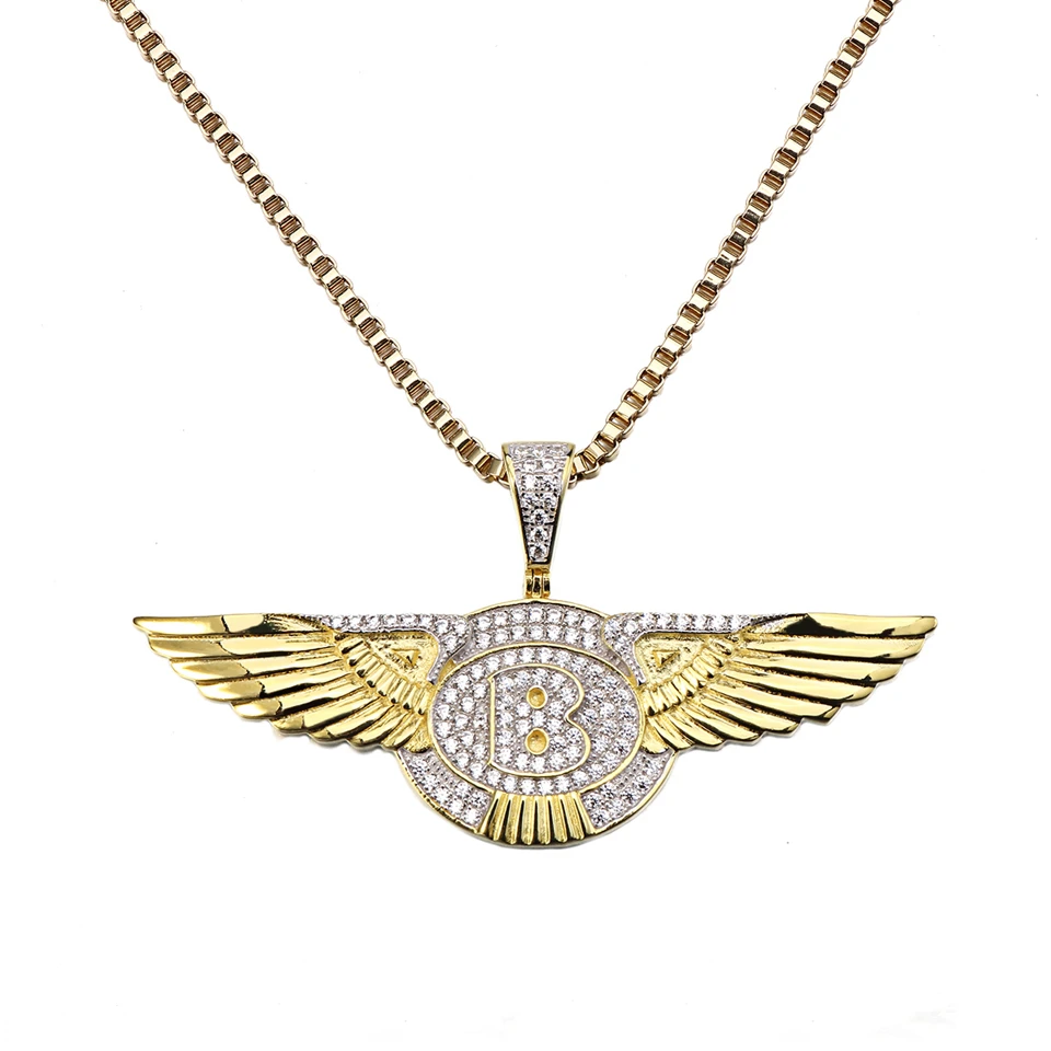 铜锆石吊坠 欧美跨境天使翅膀吊坠项坠金色满钻锆石镶嵌饰品个性