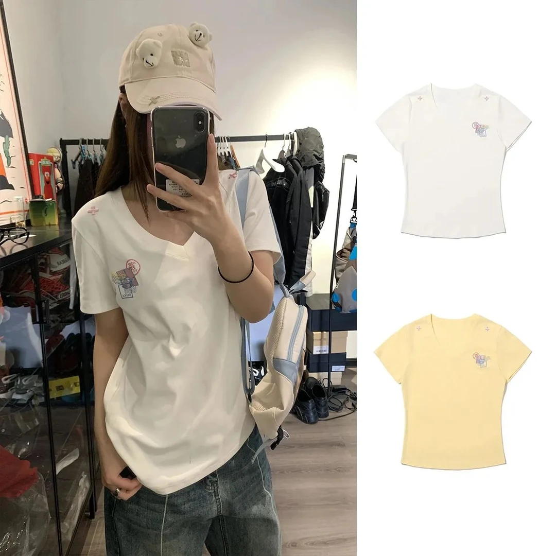 美式复古辣妹v领正肩短袖T恤女夏季新款小众设计感百搭休闲上衣潮