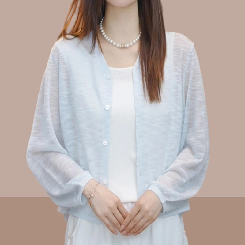 轻薄纯色防晒衣女2025年夏季新款百搭宽松显瘦V领针织长袖衬衫潮