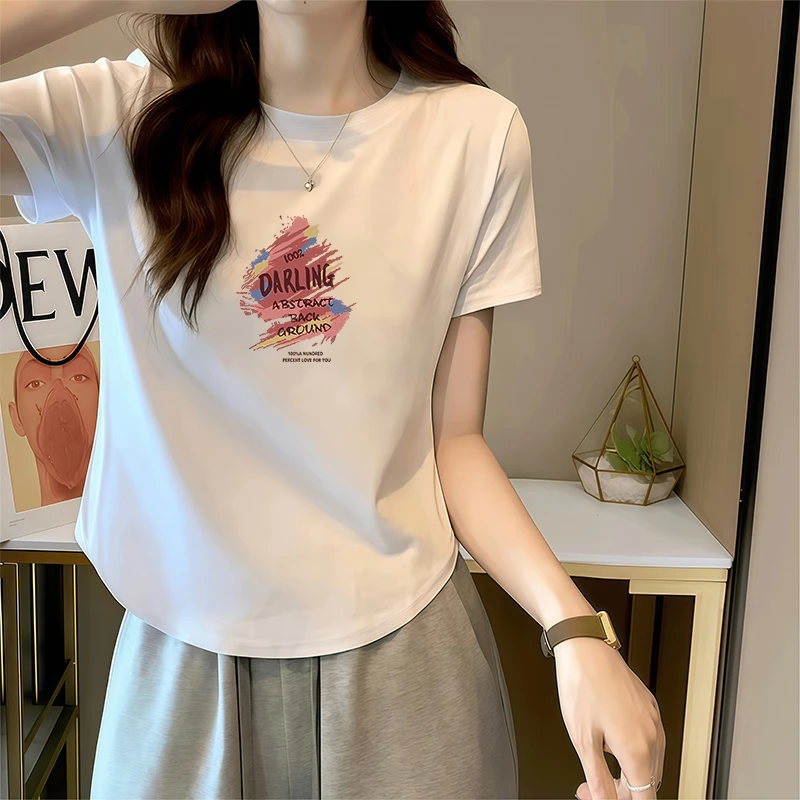 92%棉短袖T恤女夏季正肩大码修身显瘦下摆弧形设计感小众百搭上衣