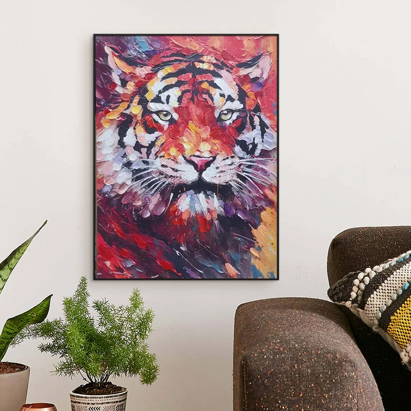 轻奢玄关装饰画餐厅挂画老虎正对门客厅走廊过道画老虎6080