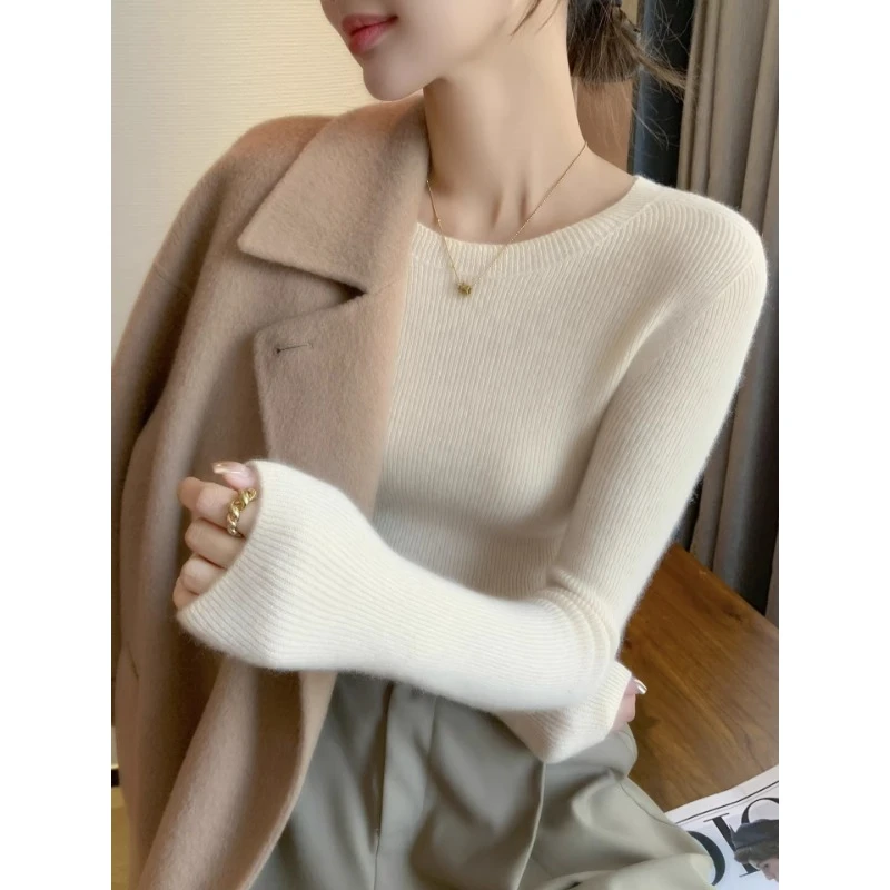 高级感一线成衣圆领毛衣秋冬女内搭无缝修身显瘦针织打底衫女长袖