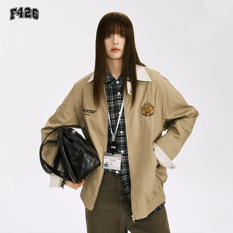 F426潮牌秋季情侣宽松翻领工装美式复古户外夹克外套薄款休闲6505