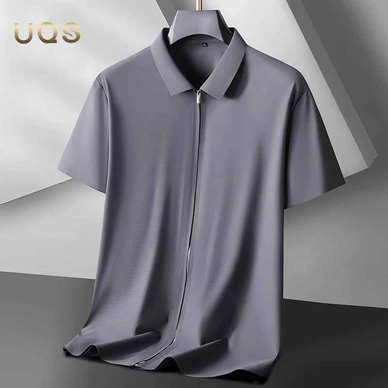 拉链款短袖衬衫男士加大码冰丝夏季新款凉感纯色宽松舒适简约日常