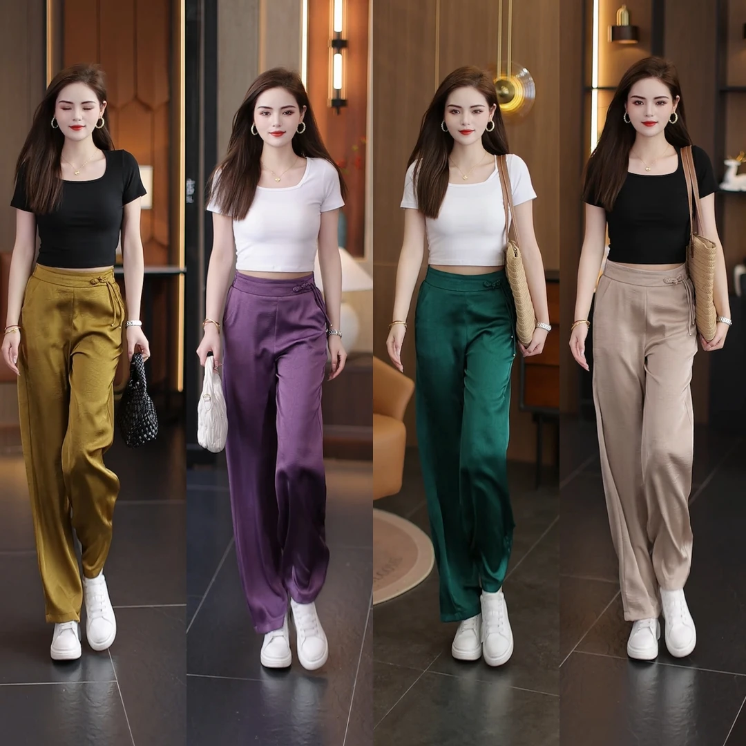 薄款高腰阔腿休闲裤老爹鞋专用裤子女装锋芒大女主夏季复古绿色