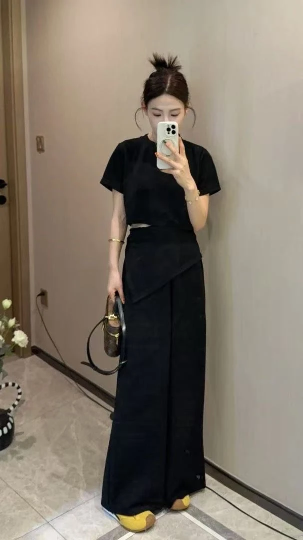 【杨二迪专属】韩系百搭套装女2025夏短袖圆领上衣高腰阔腿休闲长裤
