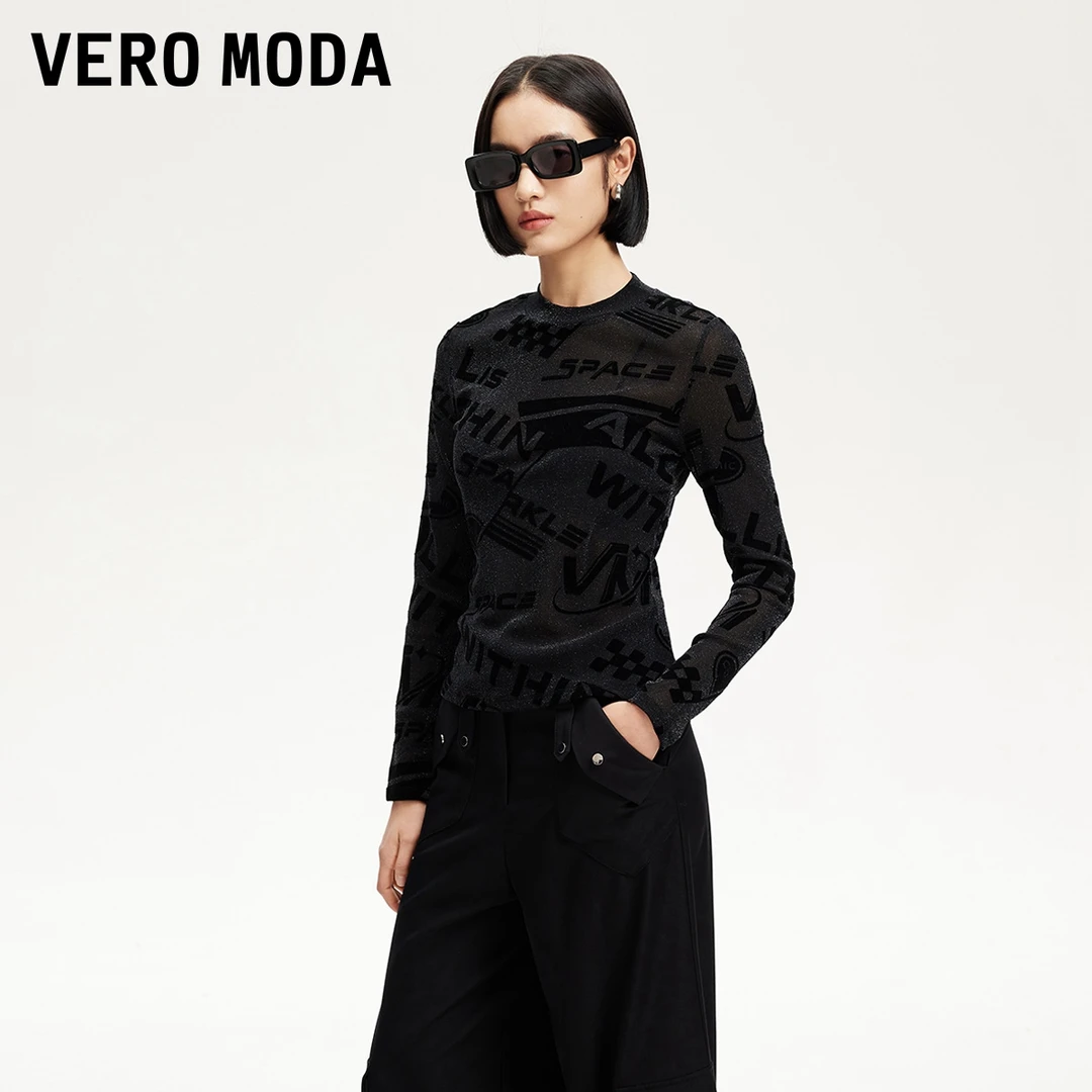 Vero ModaT恤小众洋气女装亮丝半透植绒印花T恤时尚325130001
