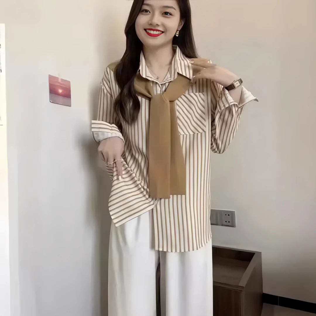 芷蕾大码显瘦气质披肩拼接假两件条纹衬衫秋季减龄韩版设计感上衣