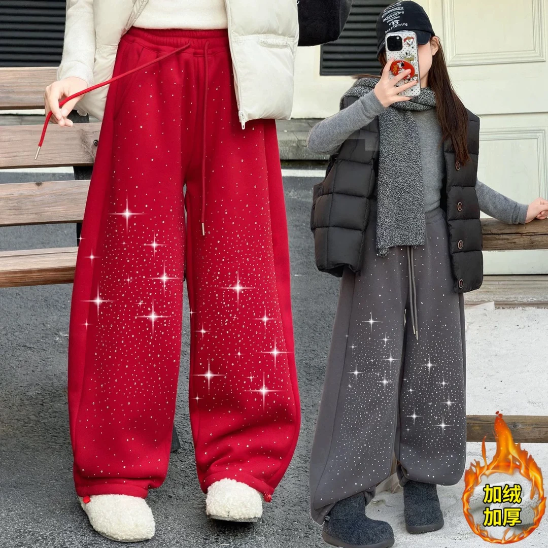 女童冬季新款时尚洋气满天星潮酷烫钻加绒休闲卫裤