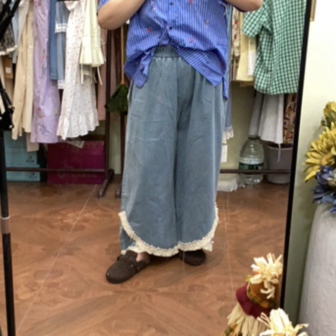 珍珠流苏直筒阔版牛仔裤