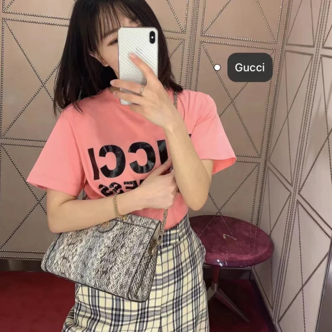 99新 GUCCI/古驰 SEXINESS字母印花粉色短袖T恤S码