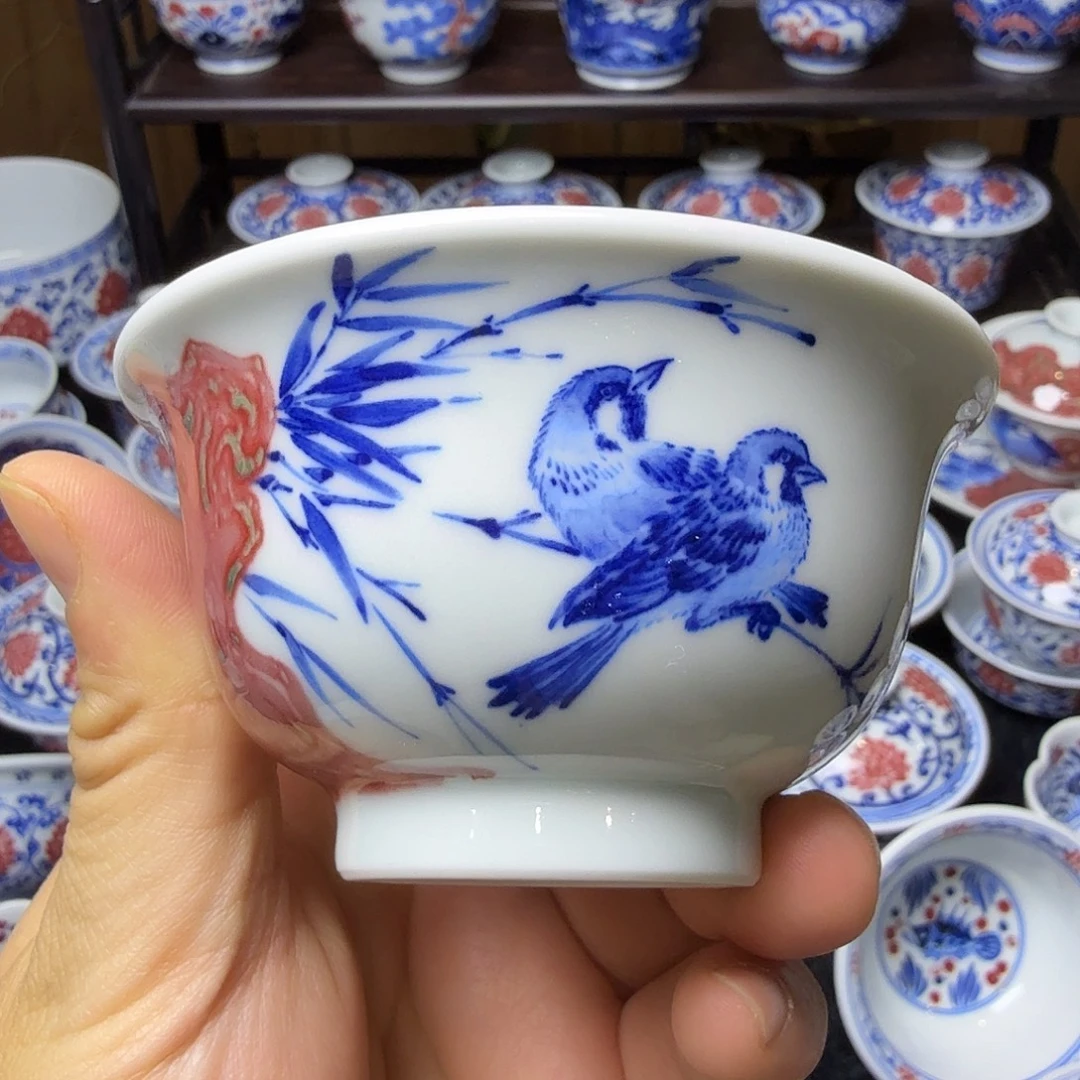 青花釉里红压手杯料点瑕