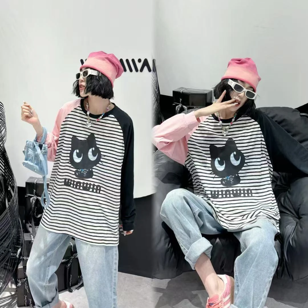 拼色小猫上衣7715时尚休闲百搭宽松圆领长袖个性饕餮服饰大码