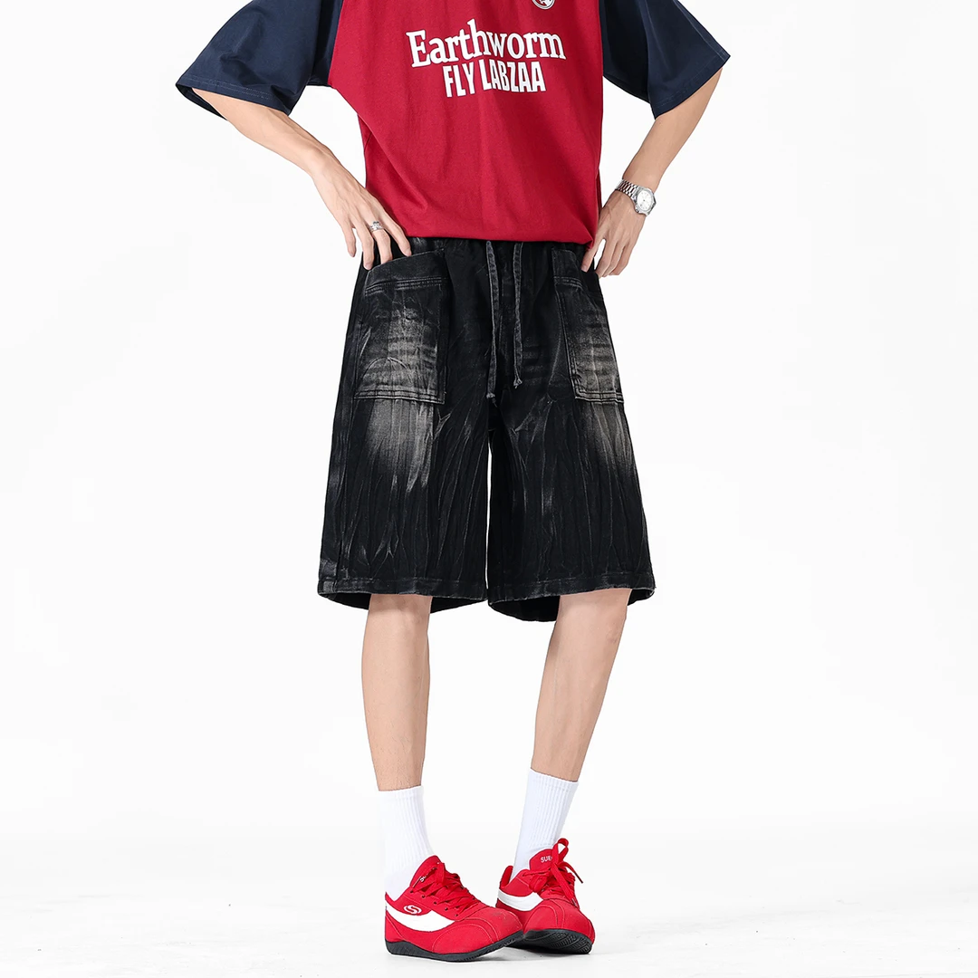 MONOLOGE做旧水洗牛仔五分裤男撞色实际美式高街复古宽松工装短裤