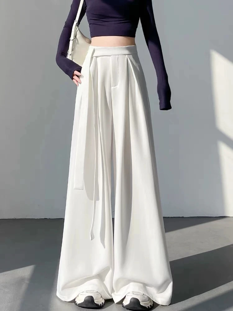 【早春】西装阔腿裤女设计感高腰垂感休闲裤直筒拖地绑带裤子97311