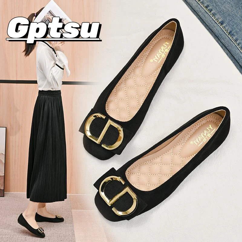 GPTSu平底单鞋女鞋春季方头浅口法式瓢鞋春夏四季软底黑色豆豆鞋