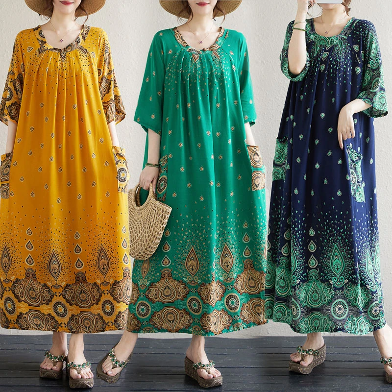 外贸单绵绸复古大码连衣裙胖mm显瘦遮胯海边度假风碎花长裙沙滩裙