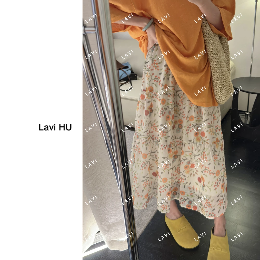 橘子味汽水 时尚夏季复古印花百搭显瘦碎花半身长裙K50003