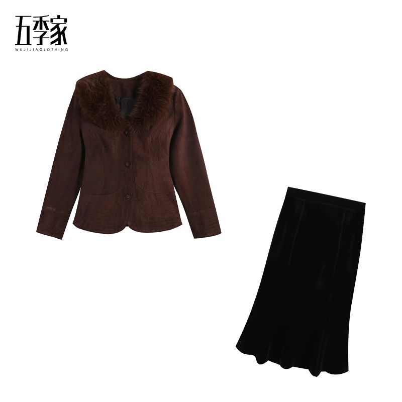 五季家大码冬季新款复古气质咖色羽绒外套ZL115185+ZL113889半裙