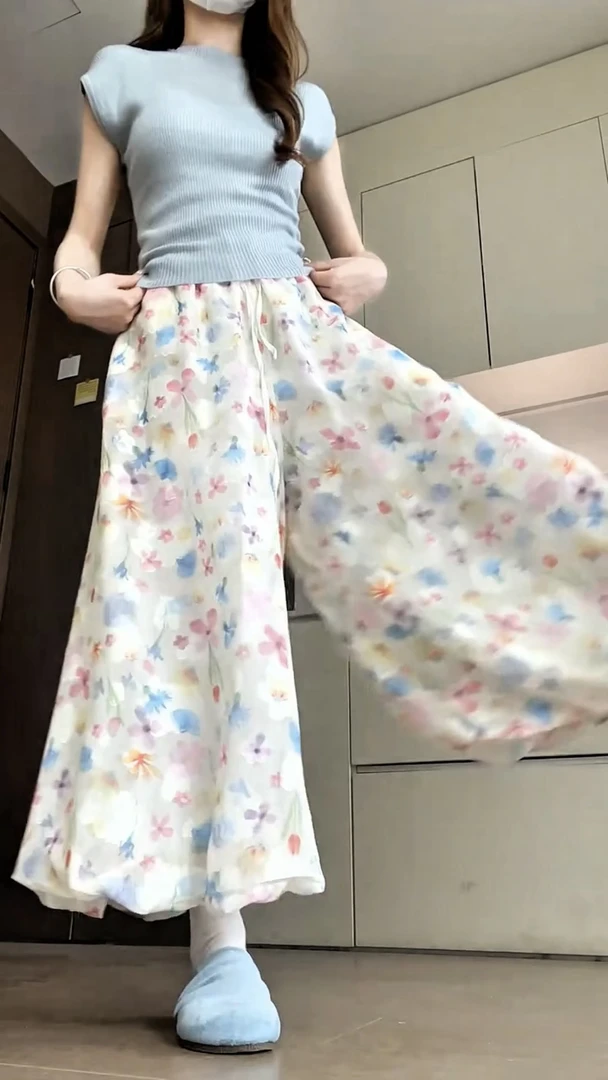 甜美风彩色碎花花苞裙裤女2025夏季法式温柔高腰显瘦宽松蓬蓬裤裙