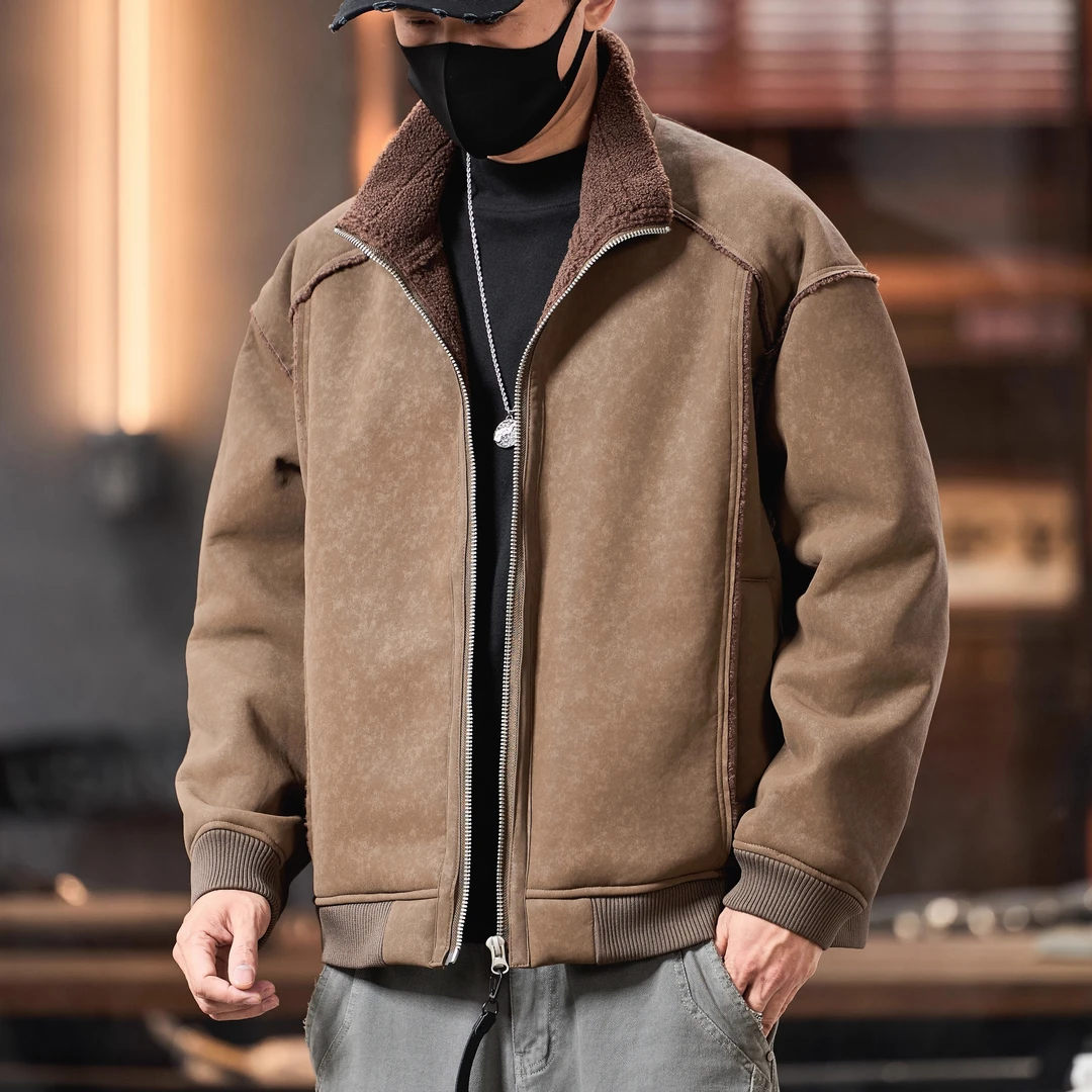 美式复古加厚机车皮毛一体麂皮绒棉服男冬季保暖羊羔绒棉衣外套男