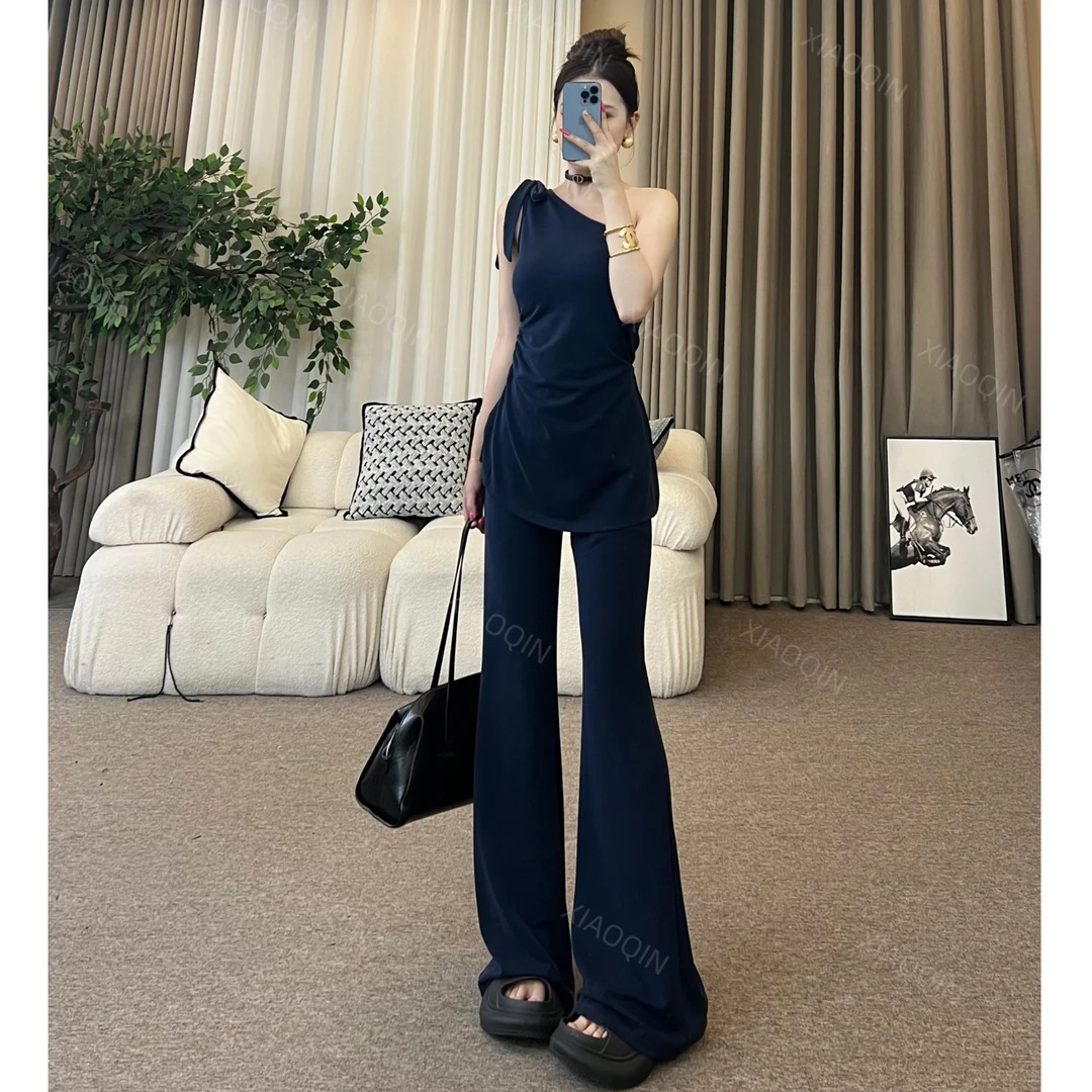 XIAOQIN【郊野时光】夏季斜肩气质系带背心高腰微喇休闲裤套装RX102