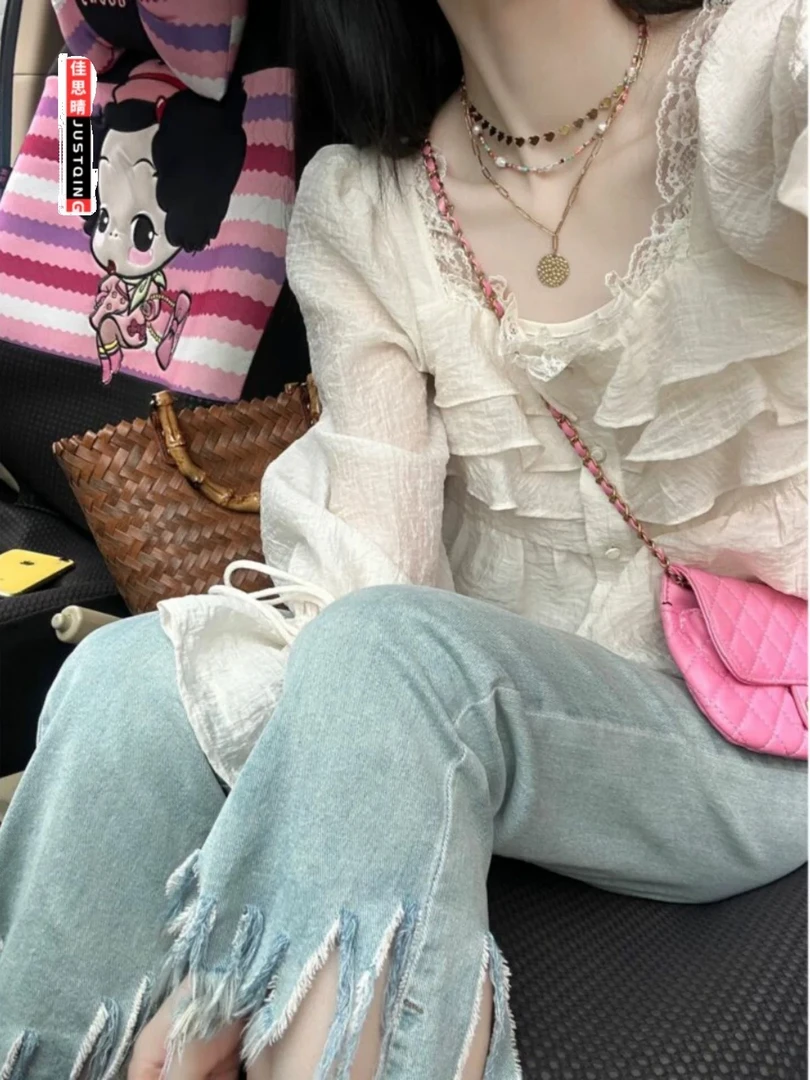 15656法式茶歇荷叶边设计感薄款简约百搭高感短款长袖上衣二件套