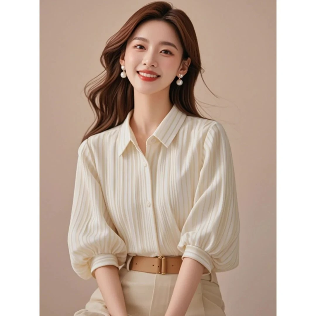 今年流行杏色条纹灯笼袖衬衫2025春季高级感轻奢减龄洋气衬衣