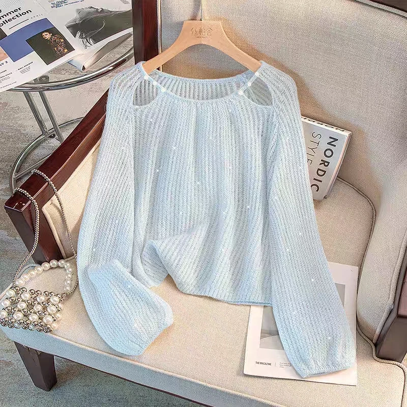 韩系镂空露肩珍珠挂饰圆领针织衫 2001#