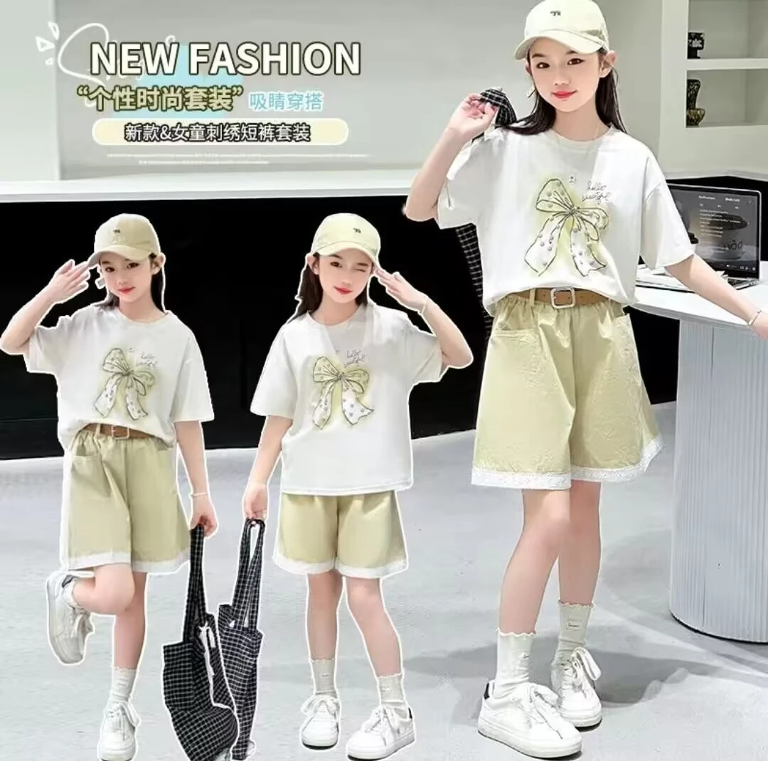 （现货）女童夏季套装2025新款洋气时髦儿童夏装短袖T恤短裤两件套