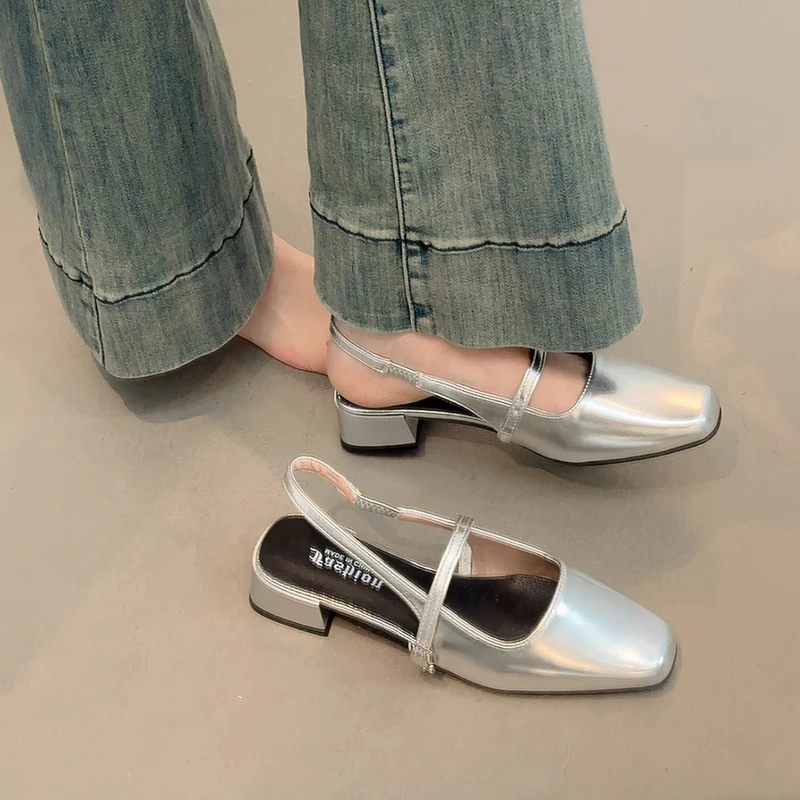 2025年新款法式低跟银色玛丽珍鞋方头粗跟凉鞋女夏仙女风后空单鞋