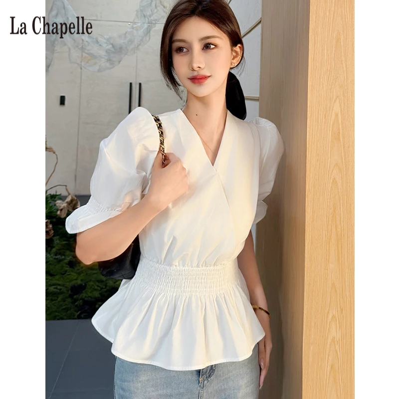 拉夏贝尔白色v领泡泡袖衬衫2025新款设计感小众法式气质短袖上衣
