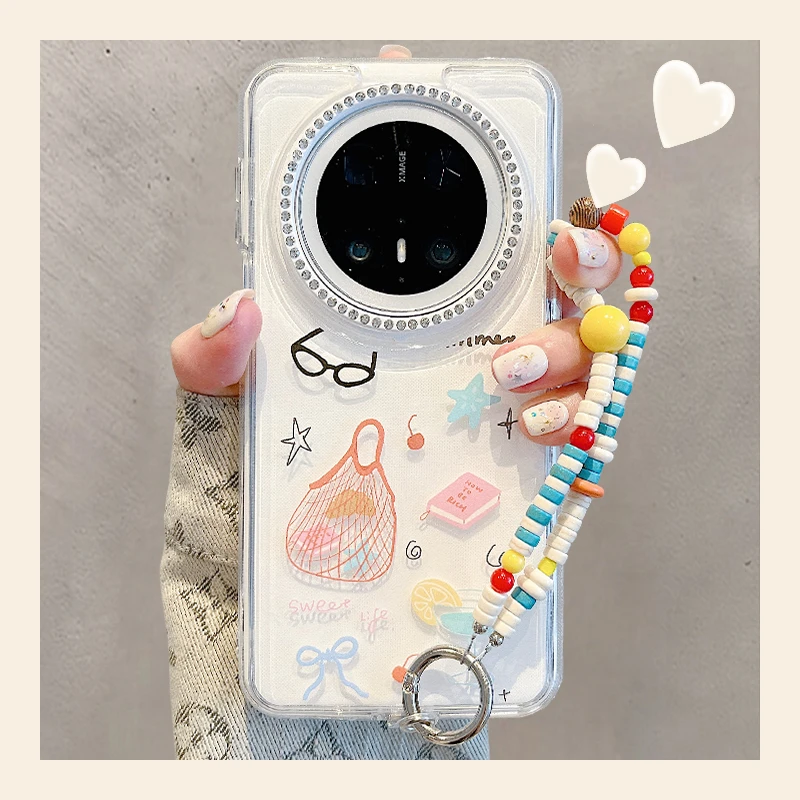 适用华为mate70pro+手机壳三合一水钻镜框mate60pro+牛角包购物袋