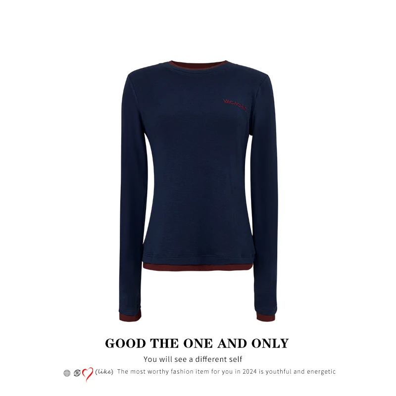 时尚气质设计感撞色假两件长袖字母绣花天丝T恤打底103521