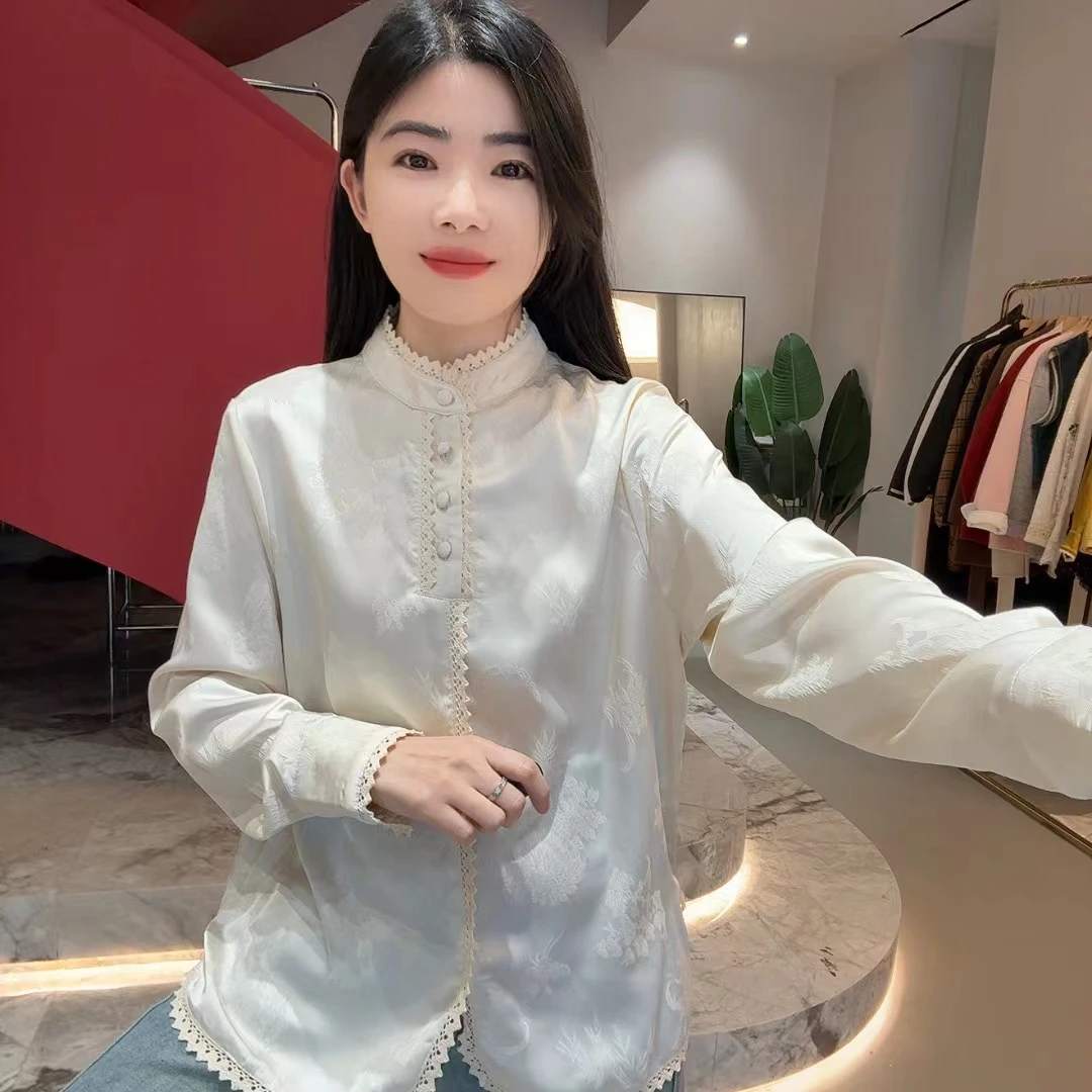 252609 国风提花木耳边立领拼接撞色长袖显瘦衬衫