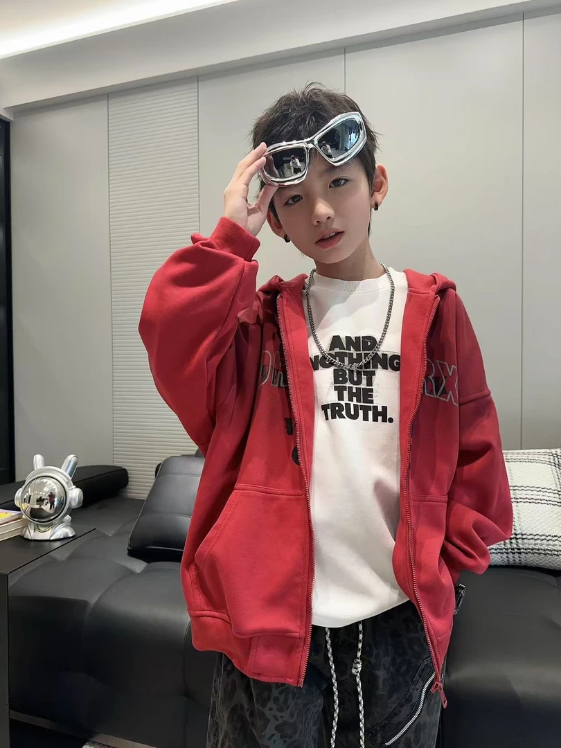 男童春季红卫衣拉链外开衫套中大童潮童装