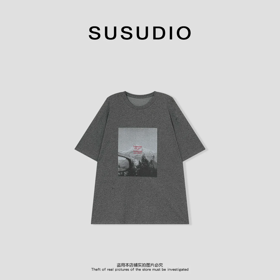 SUSUDIO  oversize版型富士山印花宽松显瘦短袖T恤 10396