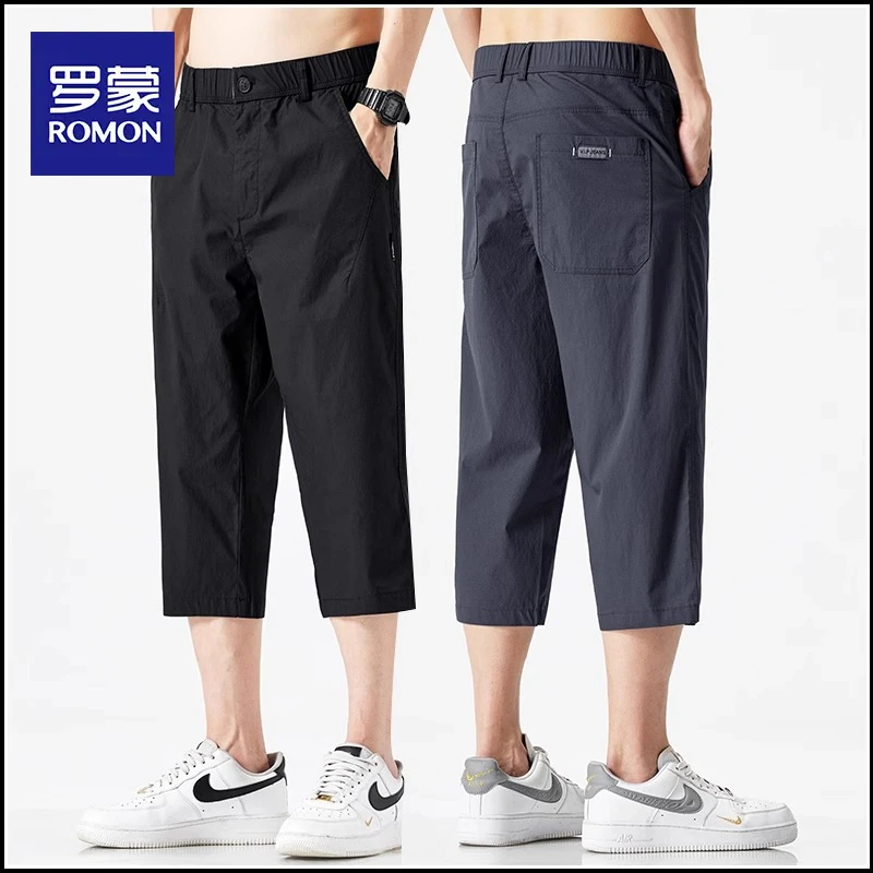 罗蒙冰丝透气七分裤男款夏季薄款直筒宽松速干八分裤冰丝男士短裤