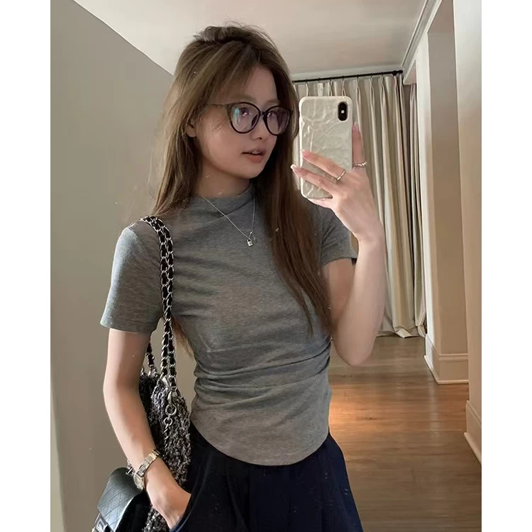 翰代维小个子半高领正肩T恤女短袖春夏新款修身辣妹纯色短款上衣