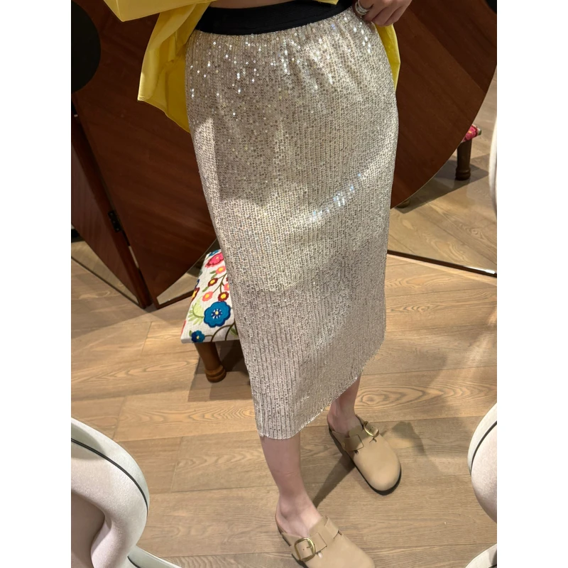 【张静芝】亮片松紧腰中长款半身裙