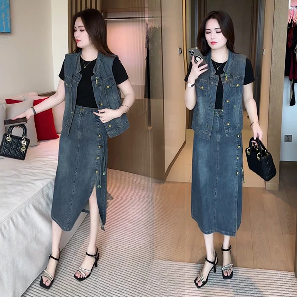 2025夏季短袖新款穿搭洋气时尚休闲气质不挑人减龄牛仔套裙160