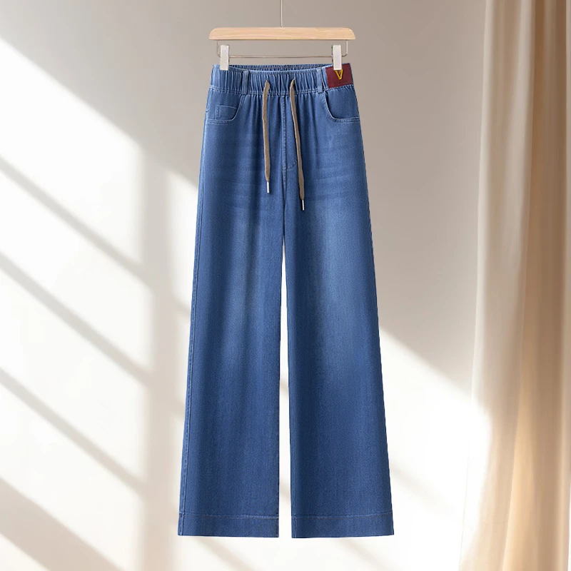 夏季薄款松紧腰牛仔裤女弹力宽松显瘦直筒裤中年妈妈装高腰阔腿裤